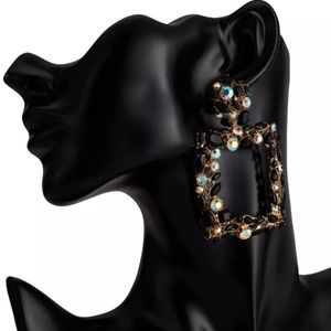 Black Rhinestone Hollow Square Statement Earrings NWOT